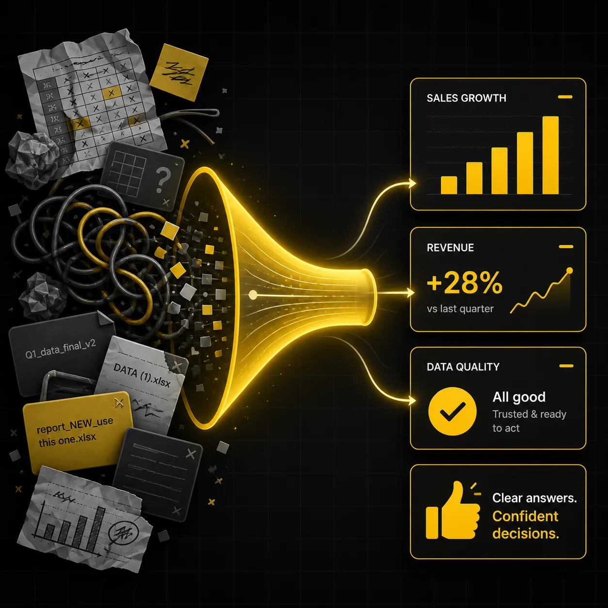 Scattered raw spreadsheets, sticky notes, and tangled wires flowing through a glowing yellow funnel into clean dashboard cards: Sales Growth chart, Revenue plus 28 percent, Data Quality all good, Clear answers and confident decisions.